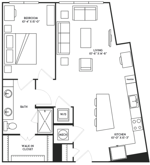 Floor plan for 1 bed, 1 bath, 886 sqft